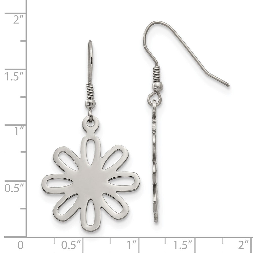 Stainless Steel Chisel Polished Large Flower Dangle Shepherd Hook Earrings