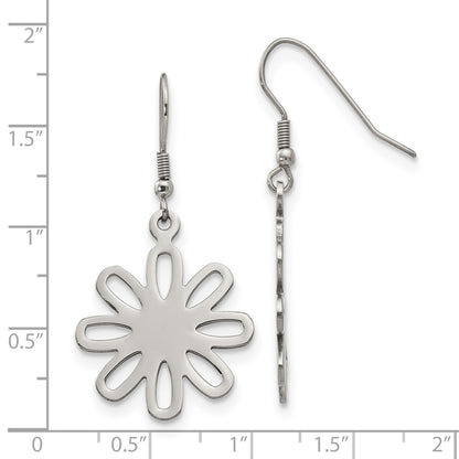 Stainless Steel Chisel Polished Large Flower Dangle Shepherd Hook Earrings