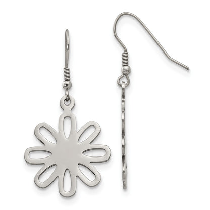 Stainless Steel Chisel Polished Large Flower Dangle Shepherd Hook Earrings
