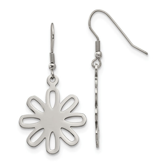 Stainless Steel Chisel Polished Large Flower Dangle Shepherd Hook Earrings