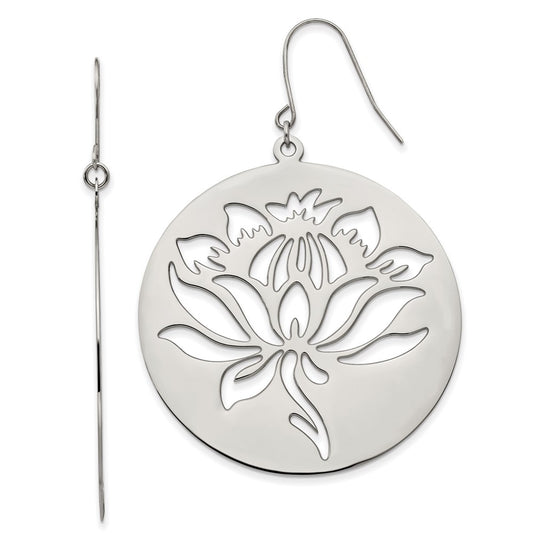 Stainless Steel Chisel Polished Flower Cut Out Dangle Shepherd Hook Earrings