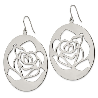 Stainless Steel Polished Rose Cut Out Dangle Shepherd Hook Earrings