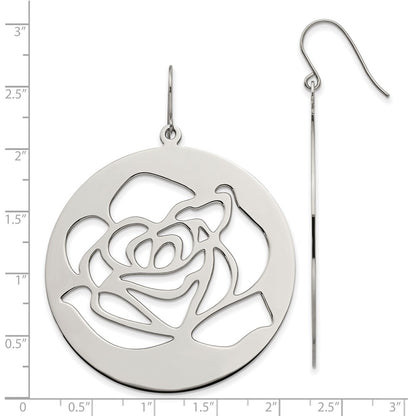 Stainless Steel Polished Rose Cut Out Dangle Shepherd Hook Earrings