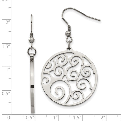 Stainless Steel Chisel Polished Fancy Swirl Cut Out Dangle Shepherd Hook Earrings