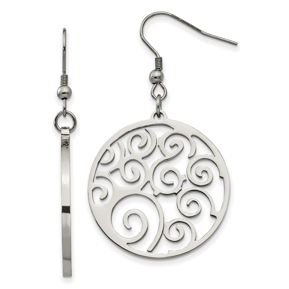 Stainless Steel Chisel Polished Fancy Swirl Cut Out Dangle Shepherd Hook Earrings