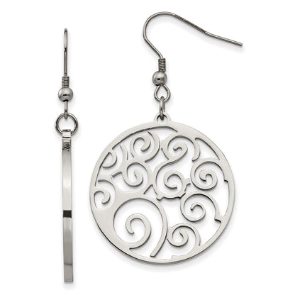 Stainless Steel Chisel Polished Fancy Swirl Cut Out Dangle Shepherd Hook Earrings