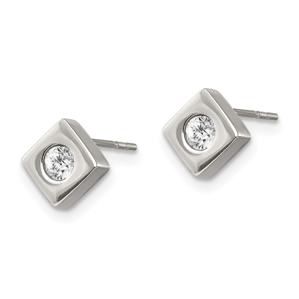 Stainless Steel Chisel Brushed With Cz Diamond-Shaped Post Earrings
