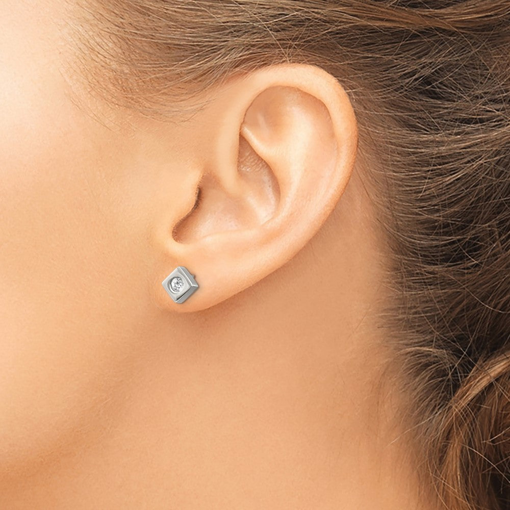 Stainless Steel Chisel Brushed With Cz Diamond-Shaped Post Earrings