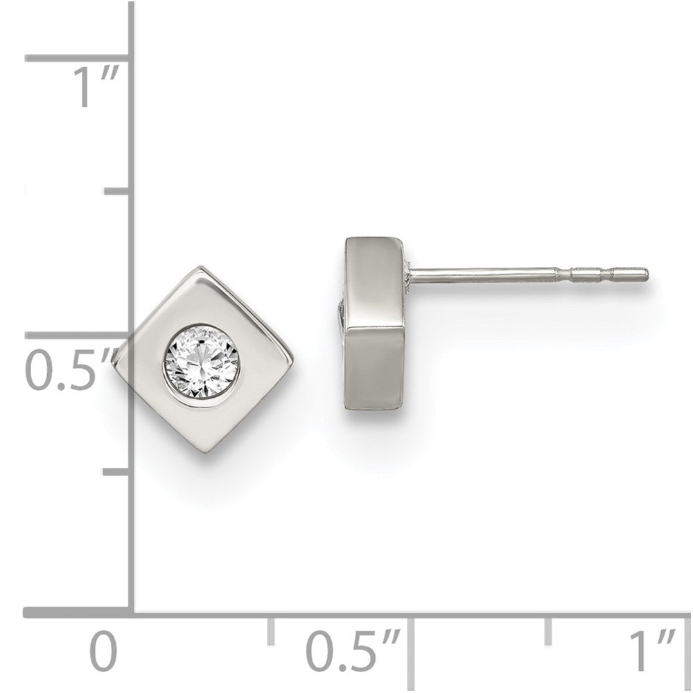 Stainless Steel Chisel Brushed With Cz Diamond-Shaped Post Earrings