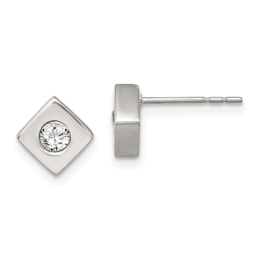 Stainless Steel Chisel Brushed With Cz Diamond-Shaped Post Earrings