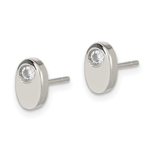 Stainless Steel Cz Polished Oval Post Earrings