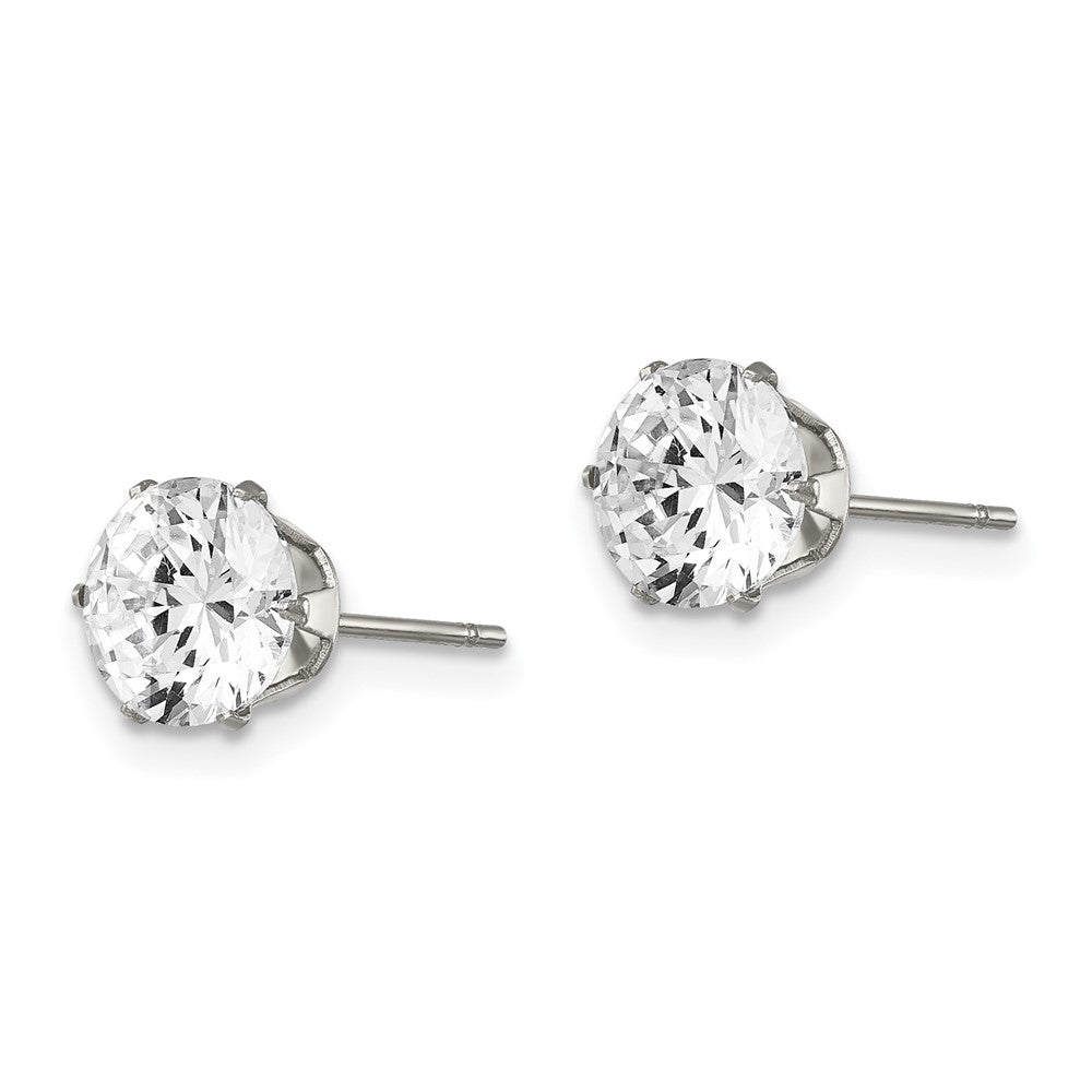 Stainless Steel Chisel Polished 7mm Round Cz Stud Post Earrings