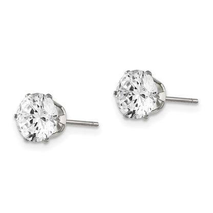 Stainless Steel Chisel Polished 7mm Round Cz Stud Post Earrings