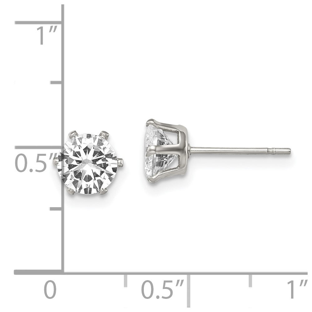 Stainless Steel Chisel Polished 6mm Round Cz Stud Post Earrings