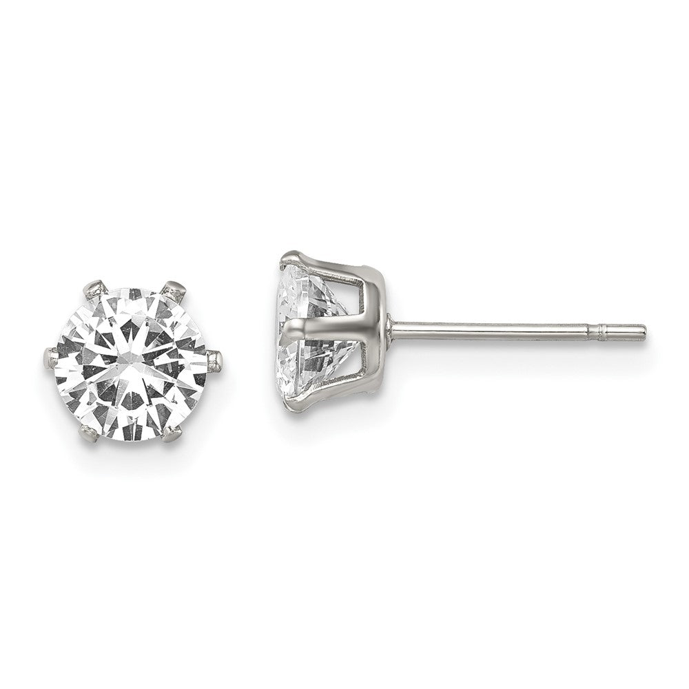 Stainless Steel Chisel Polished 6mm Round Cz Stud Post Earrings