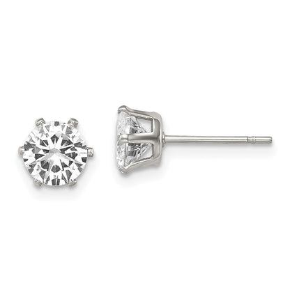 Stainless Steel Chisel Polished 6mm Round Cz Stud Post Earrings