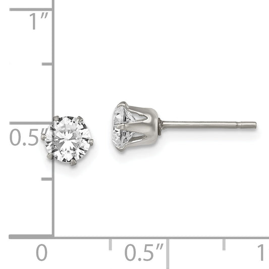 Stainless Steel Chisel Polished 5mm Round Cz Stud Post Earrings