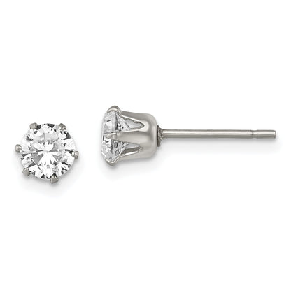 Stainless Steel Chisel Polished 5mm Round Cz Stud Post Earrings