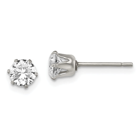 Stainless Steel Chisel Polished 5mm Round Cz Stud Post Earrings