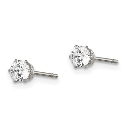 Stainless Steel Chisel Polished 4mm Round Cz Stud Post Earrings