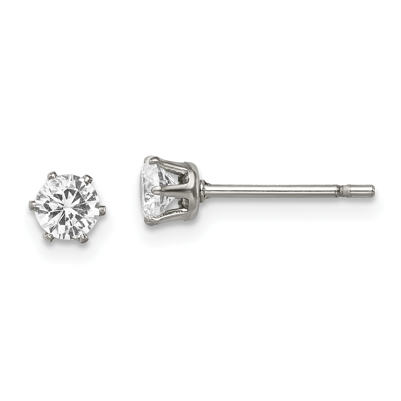 Stainless Steel Chisel Polished 4mm Round Cz Stud Post Earrings
