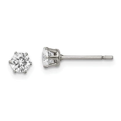 Stainless Steel Chisel Polished 4mm Round Cz Stud Post Earrings