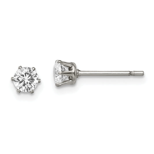 Stainless Steel Chisel Polished 4mm Round Cz Stud Post Earrings