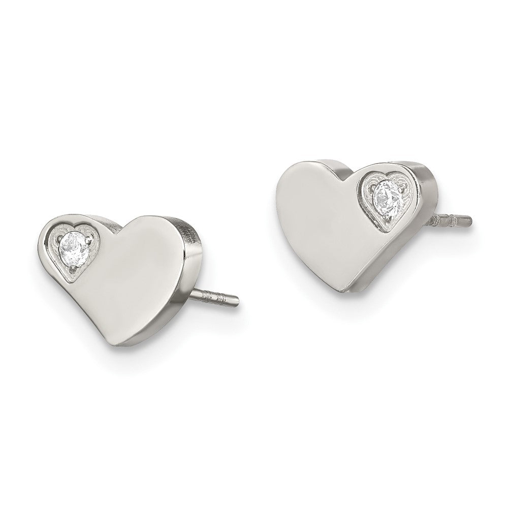 Stainless Steel Chisel Polished With Cz Heart Post Earrings