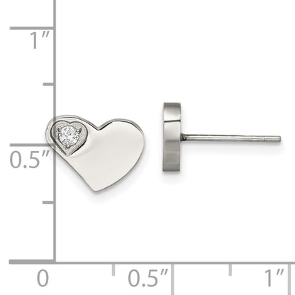 Stainless Steel Chisel Polished With Cz Heart Post Earrings