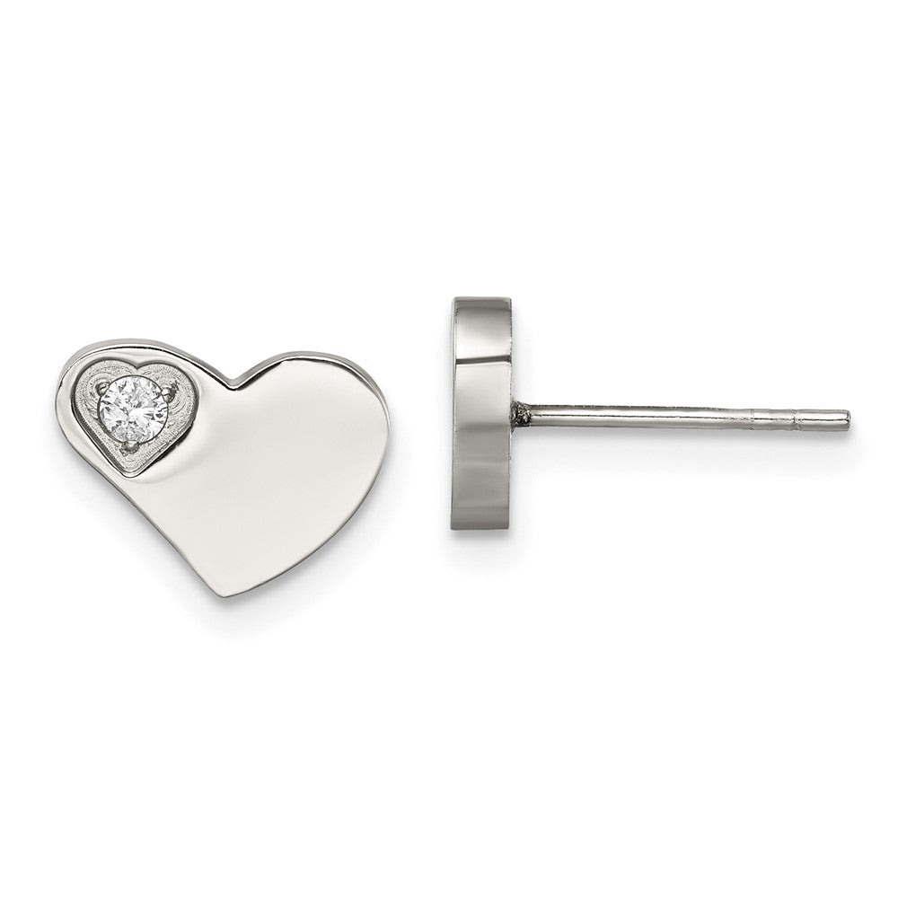 Stainless Steel Chisel Polished With Cz Heart Post Earrings