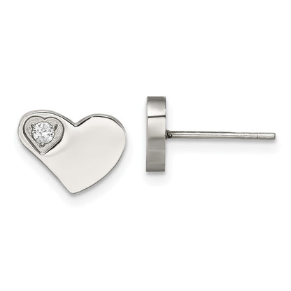 Stainless Steel Chisel Polished With Cz Heart Post Earrings