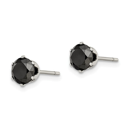 Stainless Steel Chisel Polished 6mm Black Round Cz Stud Post Earrings