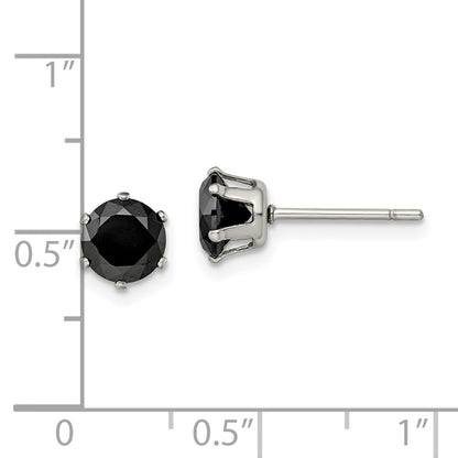 Stainless Steel Chisel Polished 6mm Black Round Cz Stud Post Earrings