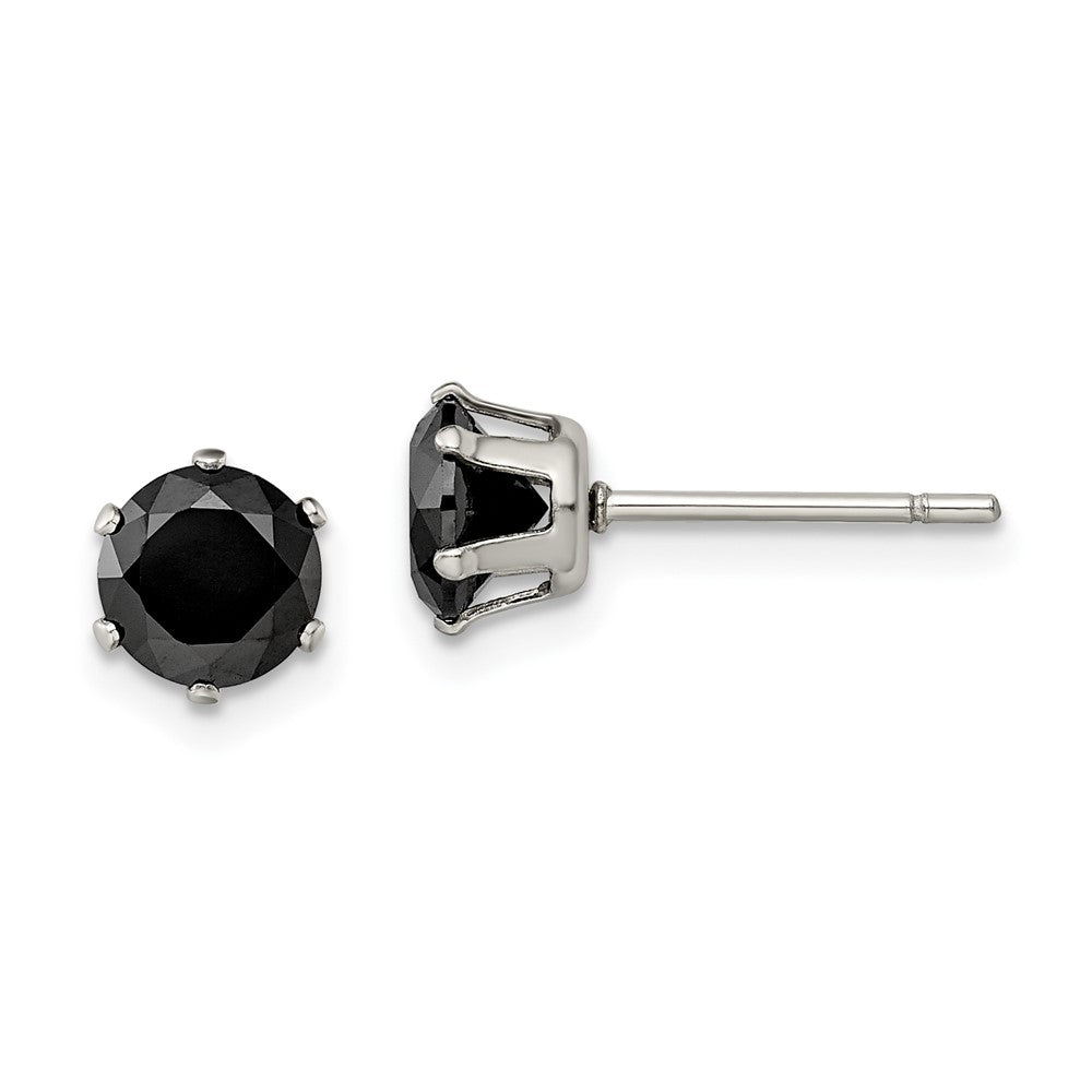 Stainless Steel Chisel Polished 6mm Black Round Cz Stud Post Earrings
