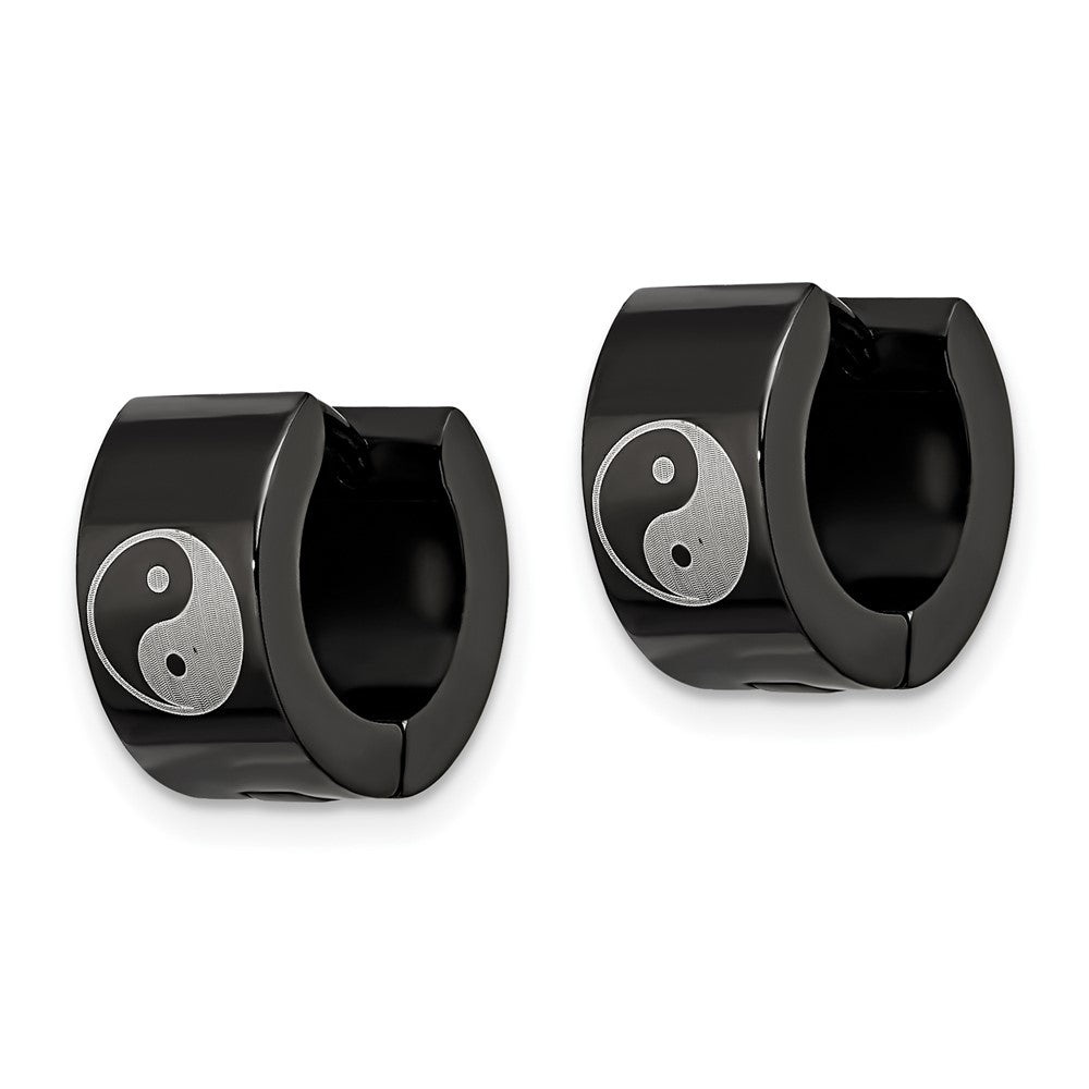 Stainless Steel Chisel Polished Black Ip-Plated 7mm Hinged Hoop W/Yin Yang Earrings