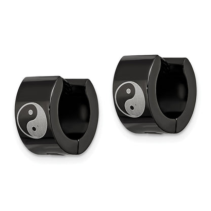 Stainless Steel Chisel Polished Black Ip-Plated 7mm Hinged Hoop W/Yin Yang Earrings