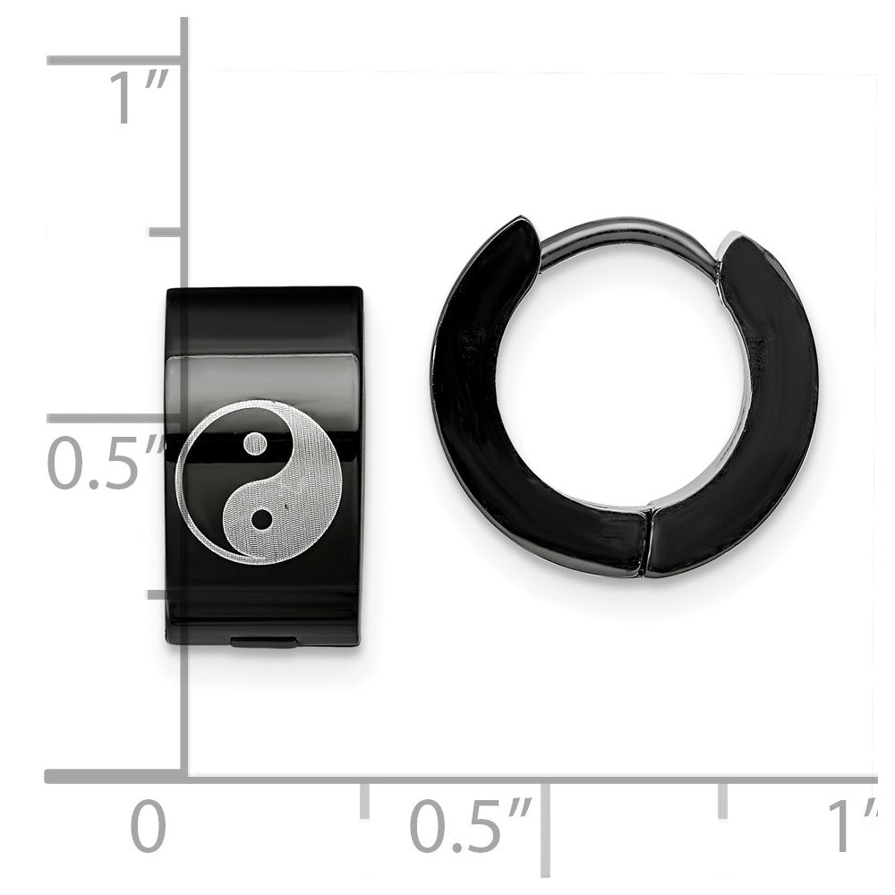Stainless Steel Chisel Polished Black Ip-Plated 7mm Hinged Hoop W/Yin Yang Earrings