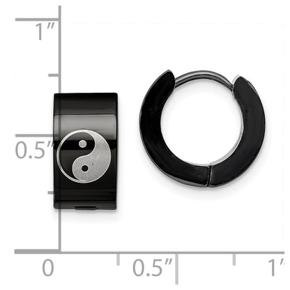Stainless Steel Chisel Polished Black Ip-Plated 7mm Hinged Hoop W/Yin Yang Earrings