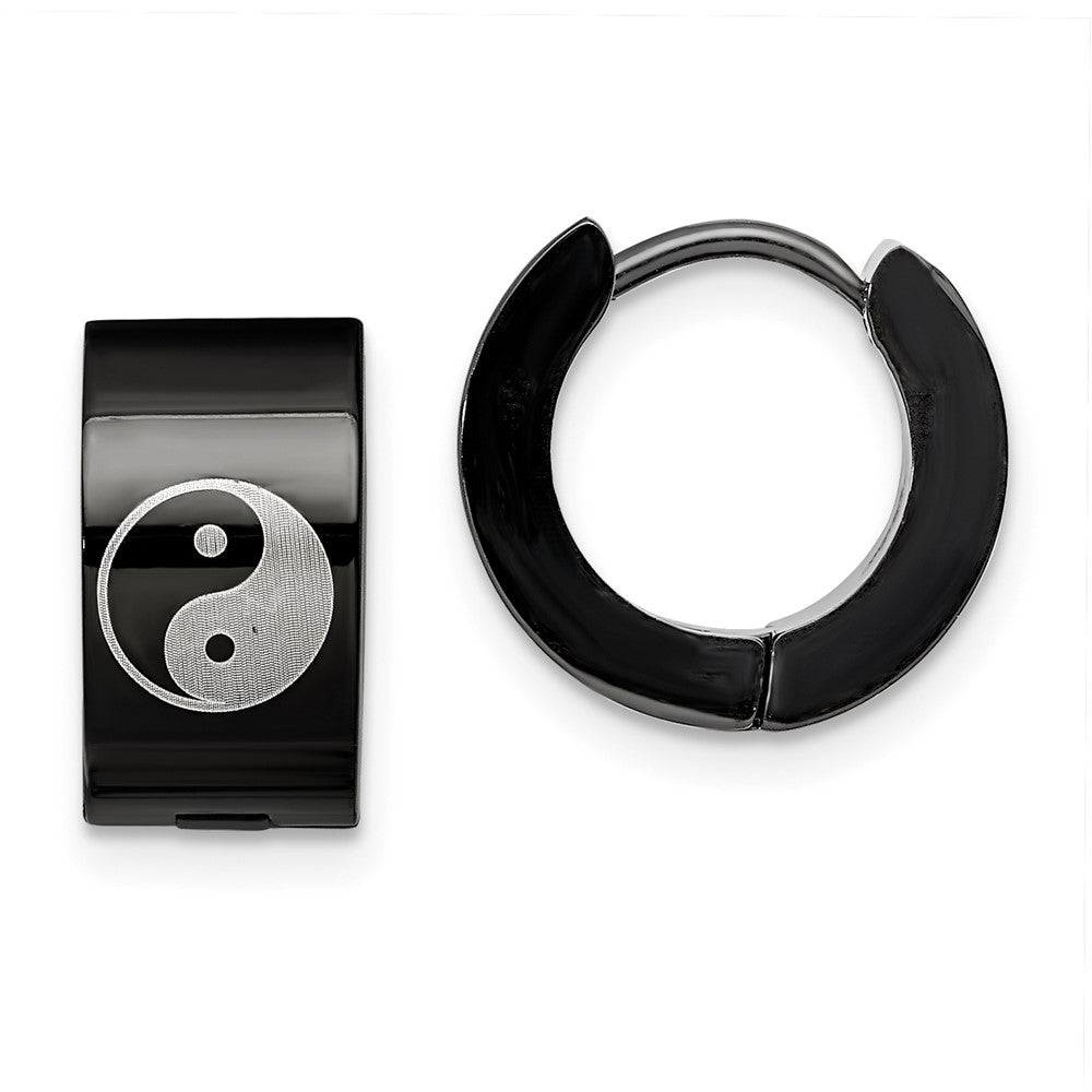 Stainless Steel Chisel Polished Black Ip-Plated 7mm Hinged Hoop W/Yin Yang Earrings