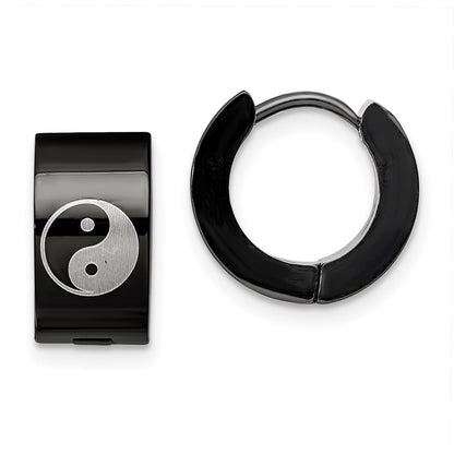 Stainless Steel Chisel Polished Black Ip-Plated 7mm Hinged Hoop W/Yin Yang Earrings