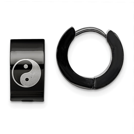 Stainless Steel Chisel Polished Black Ip-Plated 7mm Hinged Hoop W/Yin Yang Earrings