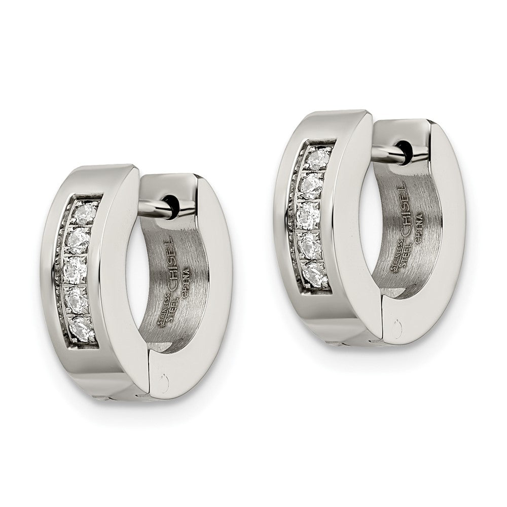 Stainless Steel Chisel Polished With Cz 4mm Hinged Hoop Earrings