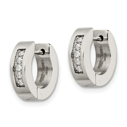 Stainless Steel Chisel Polished With Cz 4mm Hinged Hoop Earrings