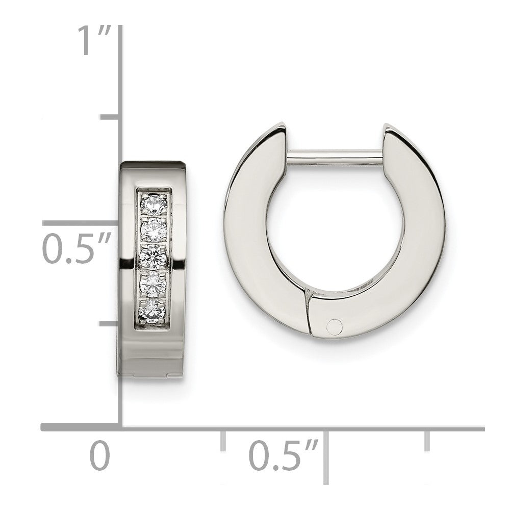 Stainless Steel Chisel Polished With Cz 4mm Hinged Hoop Earrings