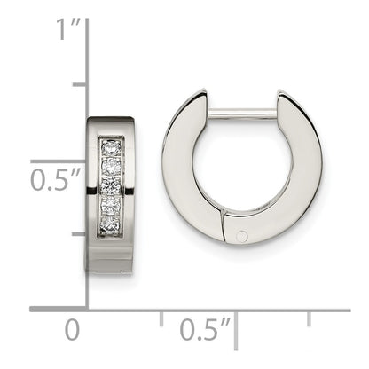 Stainless Steel Chisel Polished With Cz 4mm Hinged Hoop Earrings