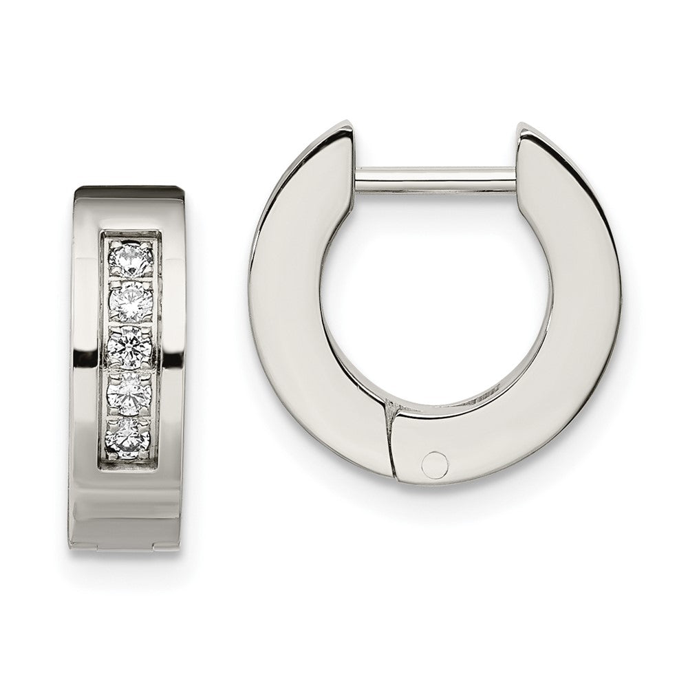 Stainless Steel Chisel Polished With Cz 4mm Hinged Hoop Earrings