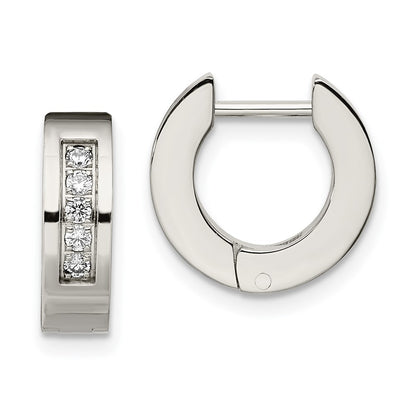 Stainless Steel Chisel Polished With Cz 4mm Hinged Hoop Earrings