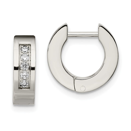 Stainless Steel Chisel Polished With Cz 4mm Hinged Hoop Earrings