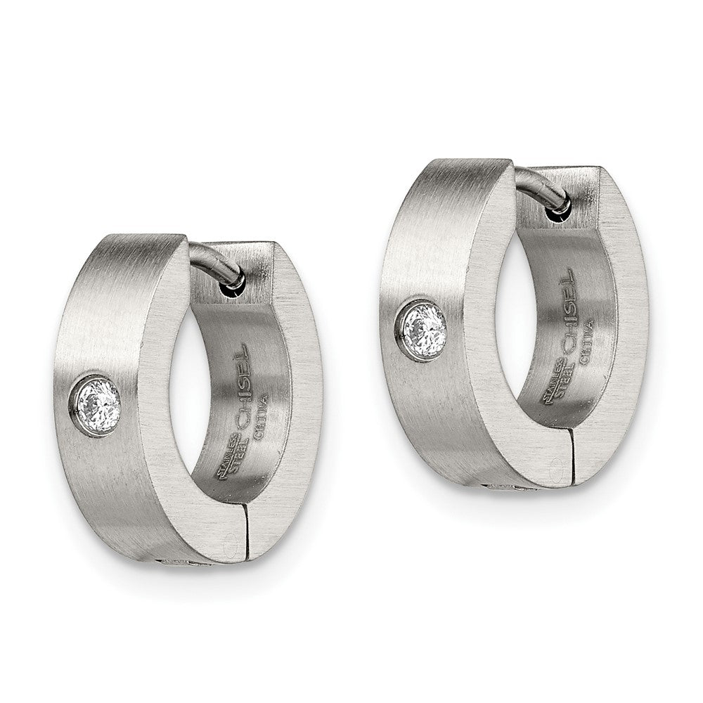 Stainless Steel Chisel Brushed With Cz 4mm Hinged Hoop Earrings