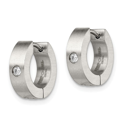 Stainless Steel Chisel Brushed With Cz 4mm Hinged Hoop Earrings